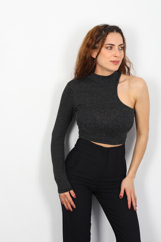Asimetri Tek Omuz Simli Siyah Kadın Crop - Berox