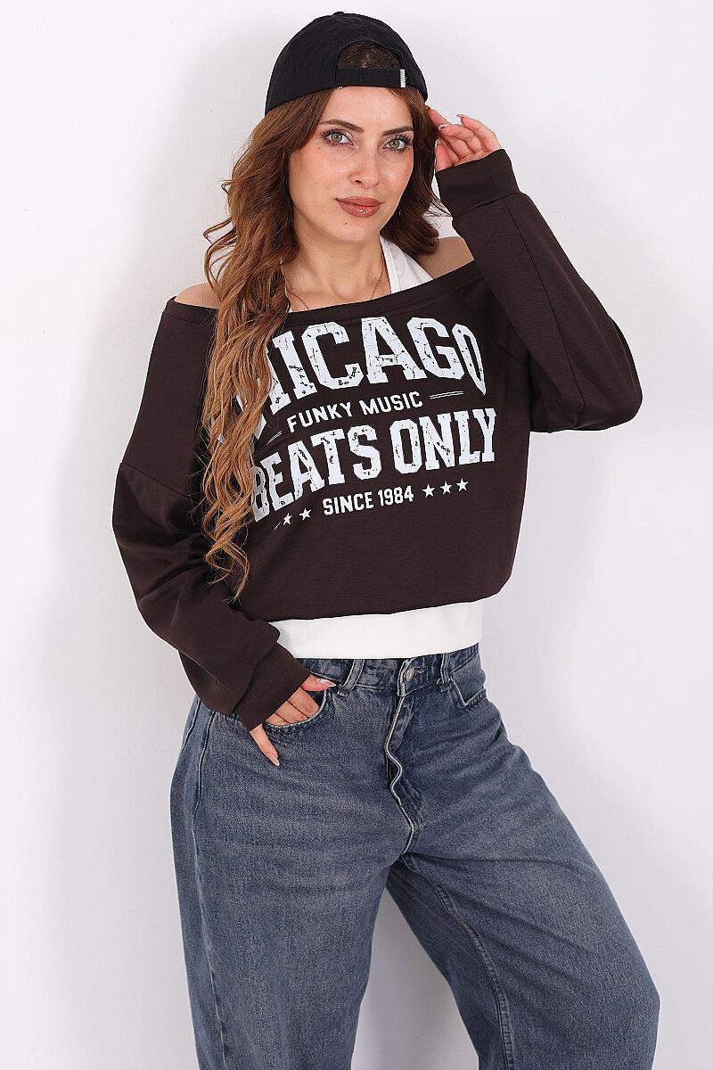Asimetrik Çift Yakalı Baskılı Acı Kahve Kadın Sweat - 6