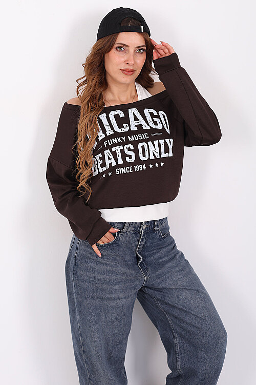 Asimetrik Çift Yakalı Baskılı Acı Kahve Kadın Sweat - 3