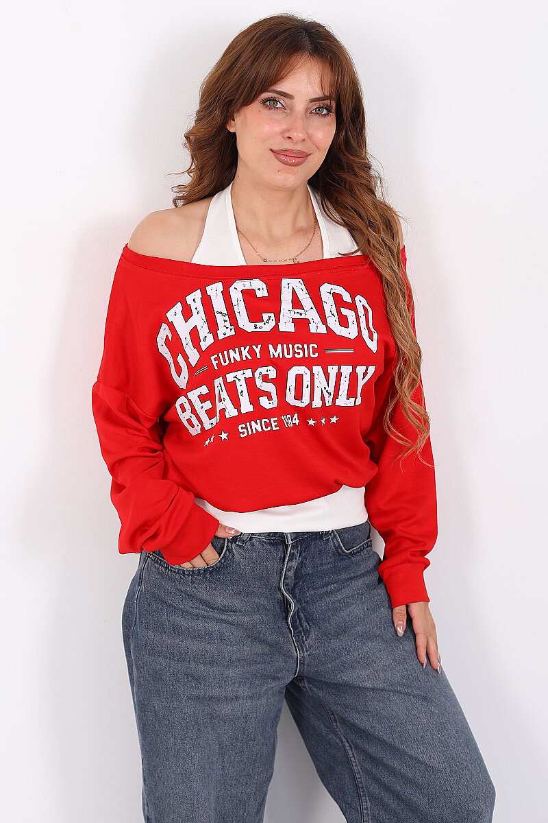 Asimetrik Çift Yakalı Baskılı Kırmızı Kadın Sweat - 3