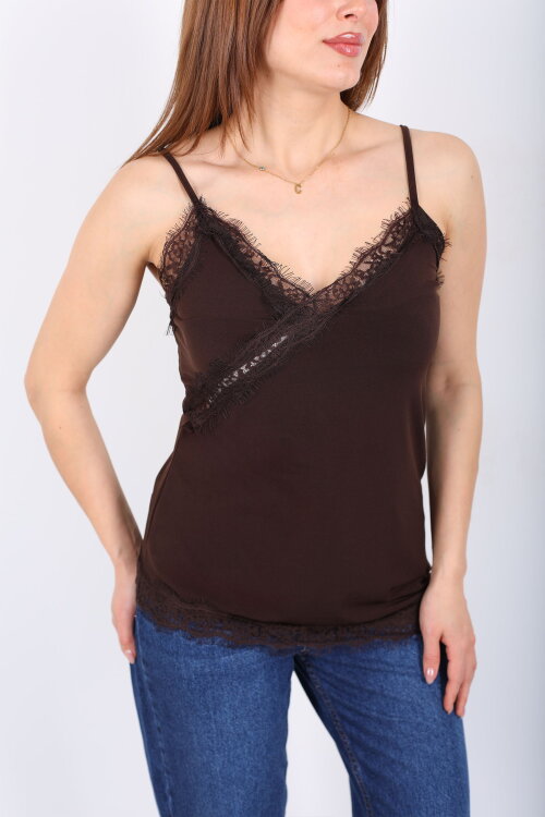 Asimetrik Dantel Detaylı Askılı Acı Kahve Kadın Bluz - Berox (1)