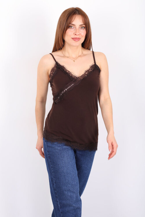 Asimetrik Dantel Detaylı Askılı Acı Kahve Kadın Bluz - 6