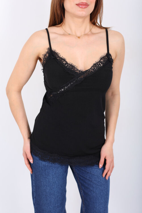 Asimetrik Dantel Detaylı Askılı Siyah Kadın Bluz - 2