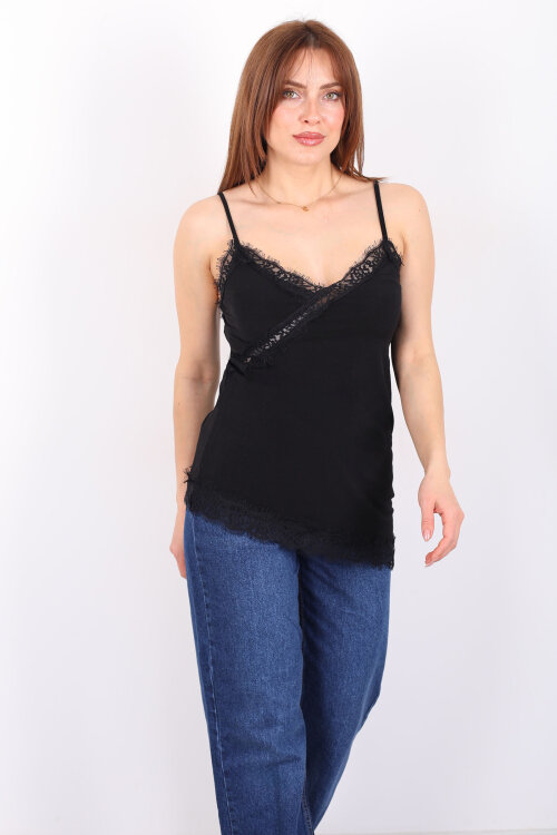 Asimetrik Dantel Detaylı Askılı Siyah Kadın Bluz - 6