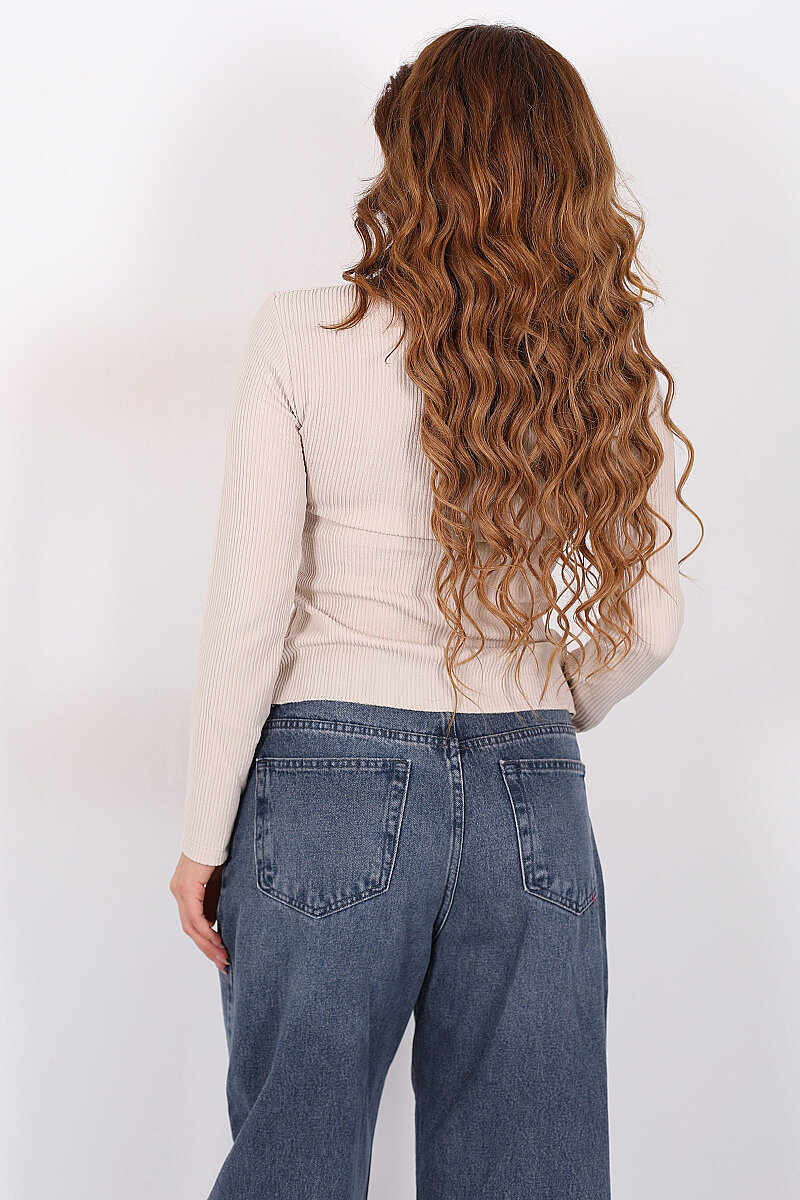 Asimetrik Dik Yaka Düğme Detaylı Taş Kadın Fitilli Triko - 5