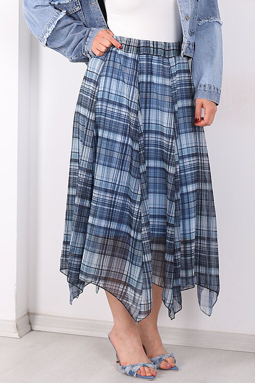 Asimetrik Kesim Ekose Desen Marin Kadın Şifon Etek - Berox (1)