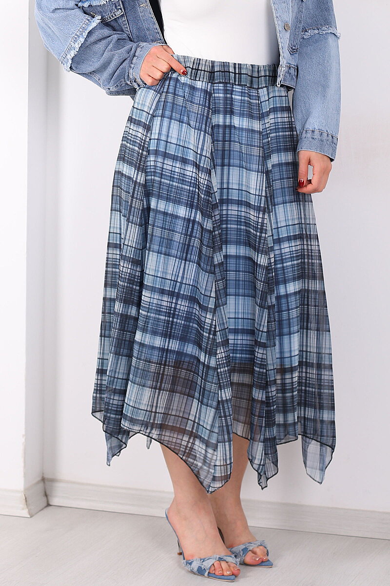 Asimetrik Kesim Ekose Desen Marin Kadın Şifon Etek - 2