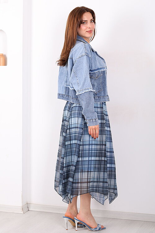 Asimetrik Kesim Ekose Desen Marin Kadın Şifon Etek - 6