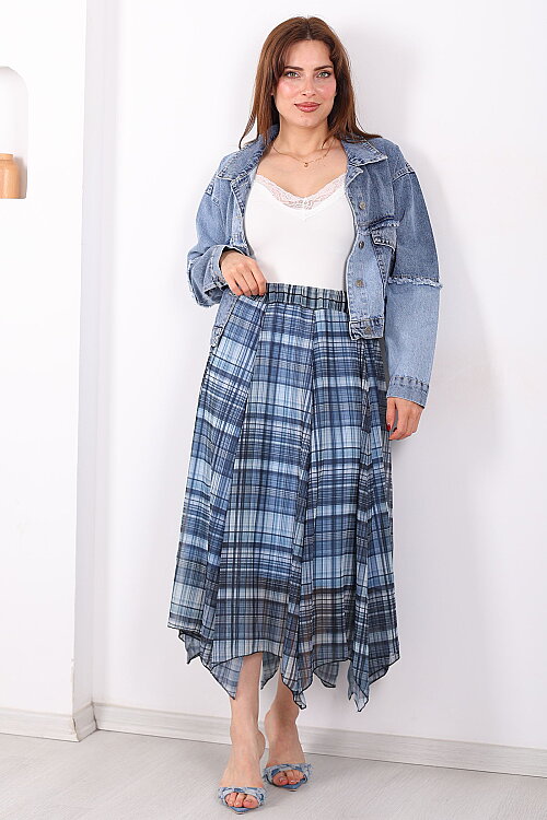 Asimetrik Kesim Ekose Desen Marin Kadın Şifon Etek - 4