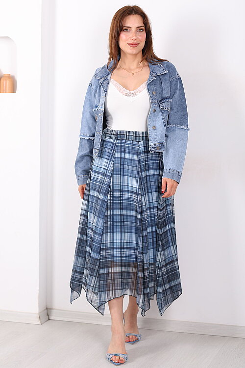 Asimetrik Kesim Ekose Desen Marin Kadın Şifon Etek - 7