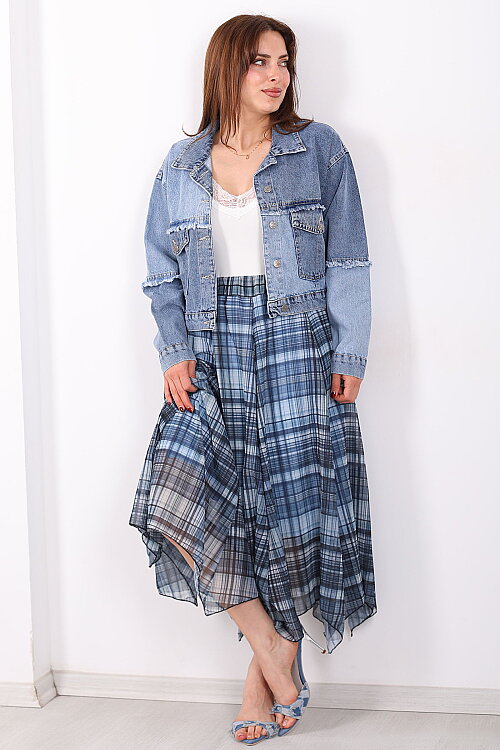 Asimetrik Kesim Ekose Desen Marin Kadın Şifon Etek - 5