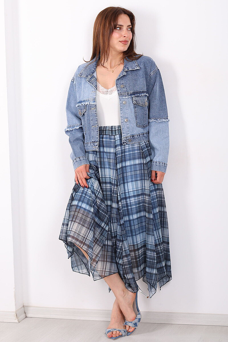 Asimetrik Kesim Ekose Desen Marin Kadın Şifon Etek - 5