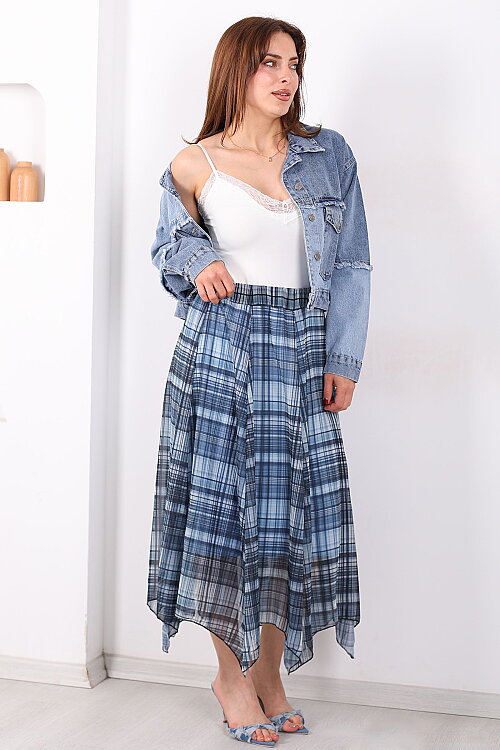 Asimetrik Kesim Ekose Desen Marin Kadın Şifon Etek - 3