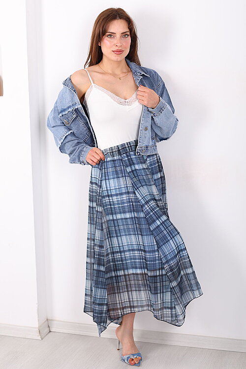 Asimetrik Kesim Ekose Desen Marin Kadın Şifon Etek - Berox