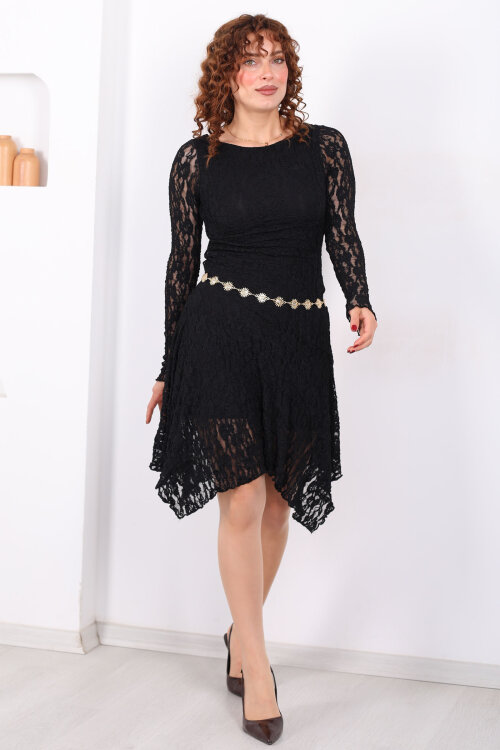 Asimetrik Kesim Siyah Kadın Dantel Elbise - 3