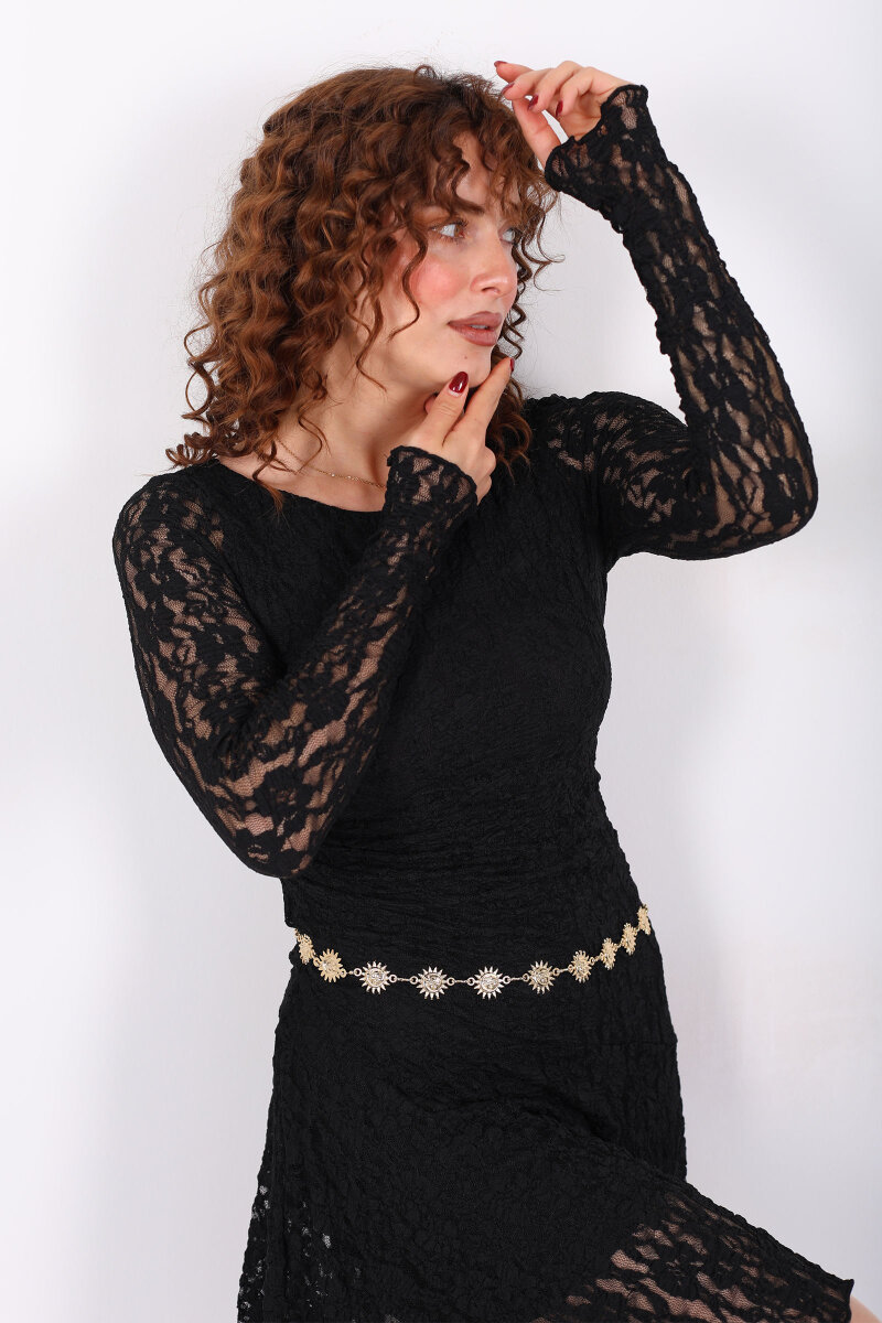 Asimetrik Kesim Siyah Kadın Dantel Elbise - 2