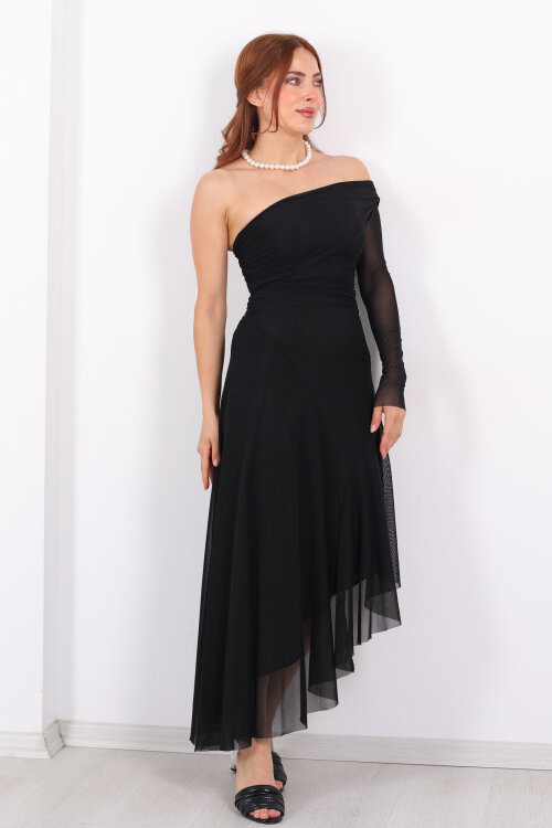 Asimetrik Tek Omuz Tül Siyah Kadın Elbise - Berox