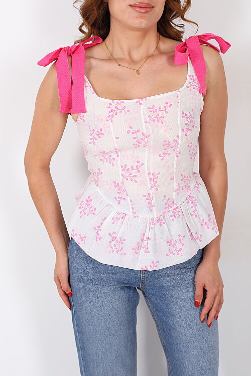 Askıları Bağlamalı İşlemeli Peplum Pembe Kadın Bluz - Berox (1)