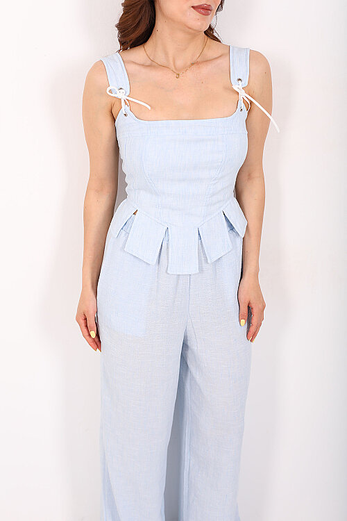 Askıları Bağlamalı Kadın Bebe Mavi Crop Pantolon Takım - Berox (1)