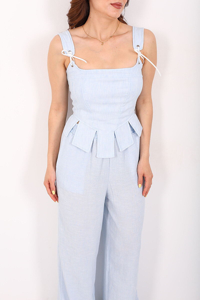 Askıları Bağlamalı Kadın Bebe Mavi Crop Pantolon Takım - 2
