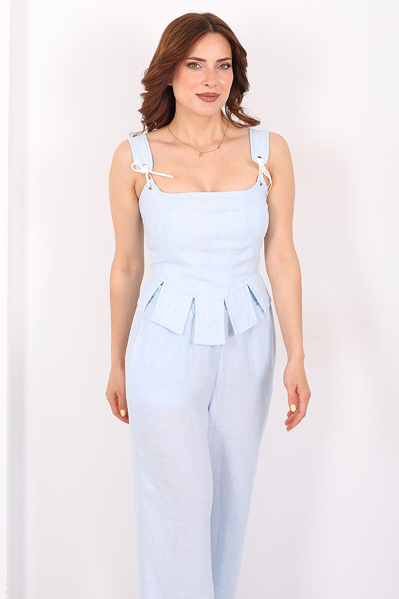 Askıları Bağlamalı Kadın Bebe Mavi Crop Pantolon Takım - 5