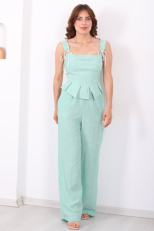 Askıları Bağlamalı Kadın Yeşil Crop Pantolon Takım - 3