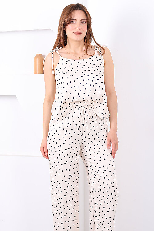 Askıları Bağlamalı Puantiyeli Krem Kadın Saten Takım - 7