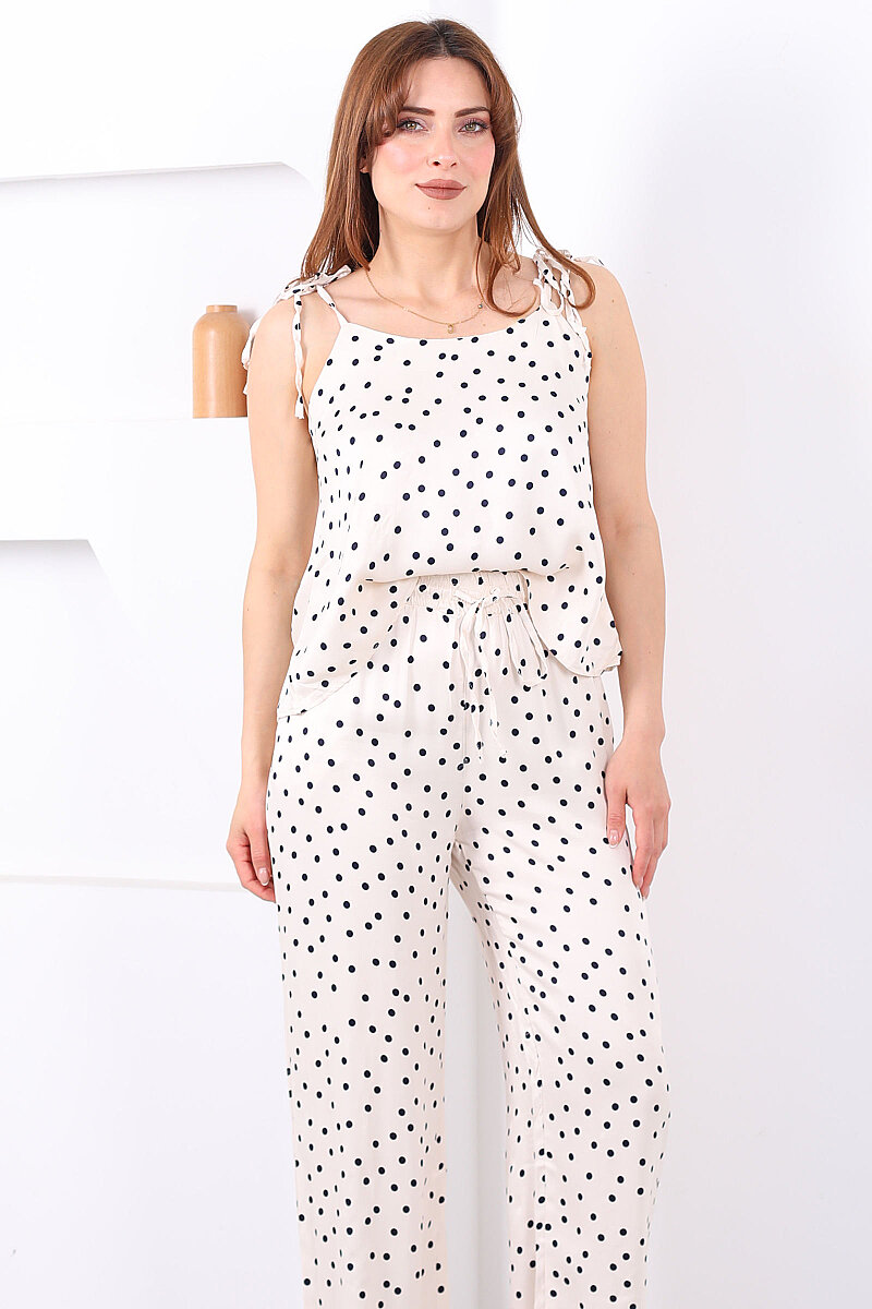 Askıları Bağlamalı Puantiyeli Krem Kadın Saten Takım - 7