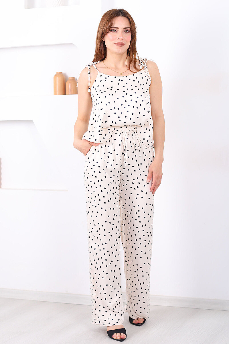 Askıları Bağlamalı Puantiyeli Krem Kadın Saten Takım - 3