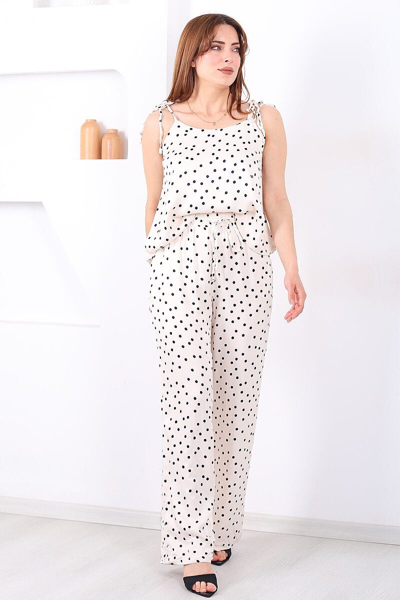 Askıları Bağlamalı Puantiyeli Krem Kadın Saten Takım - 5