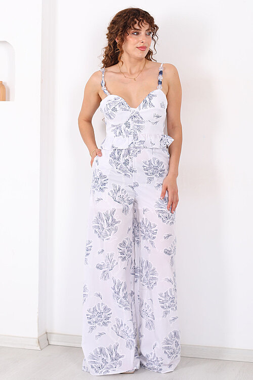 Askıları Boncuklu Nakışlı Crop-Pantolon Beyaz Kadın Takım - 6