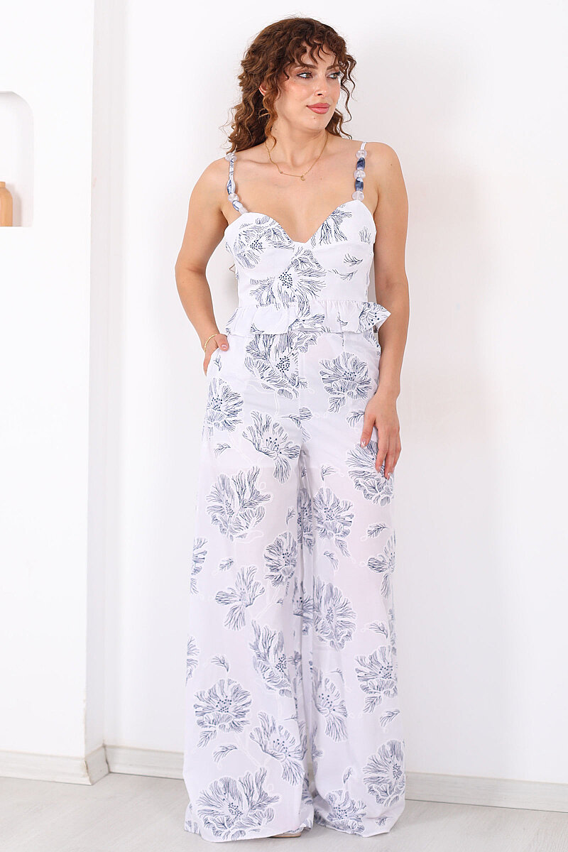 Askıları Boncuklu Nakışlı Crop-Pantolon Beyaz Kadın Takım - 6