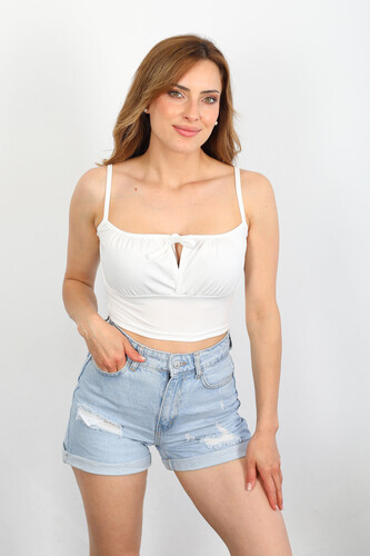 Askılı Bağlamalı Dekolteli Beyaz Kadın Scuba Crop Top 