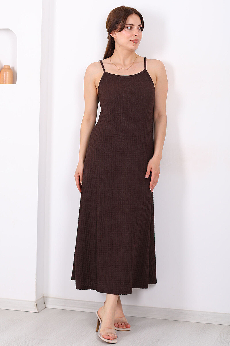 Askılı Bubble Kadın Acı Kahve Midi Elbise - 1