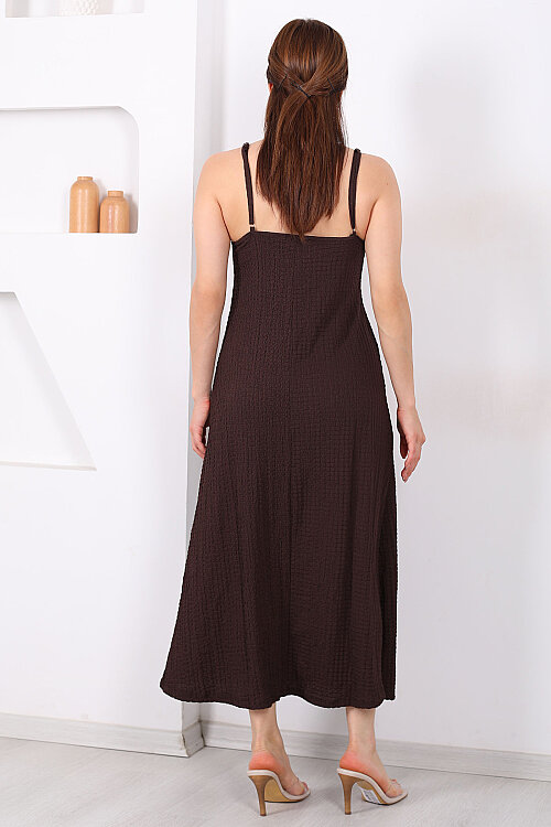 Askılı Bubble Kadın Acı Kahve Midi Elbise - 5