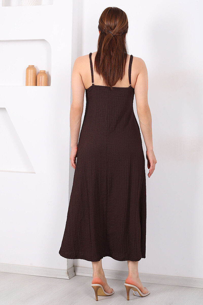 Askılı Bubble Kadın Acı Kahve Midi Elbise - 5