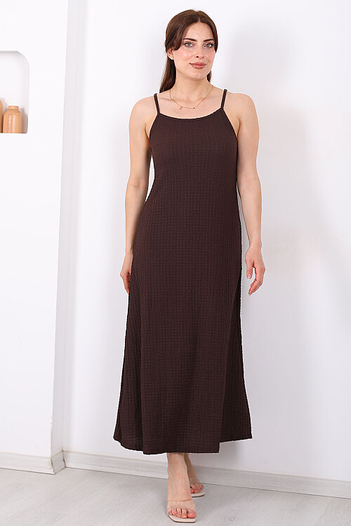 Askılı Bubble Kadın Acı Kahve Midi Elbise - 4