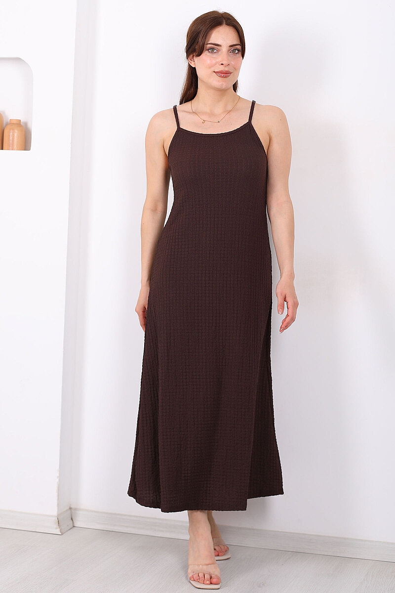 Askılı Bubble Kadın Acı Kahve Midi Elbise - 4