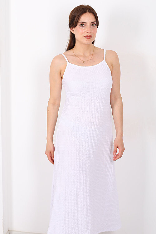 Askılı Bubble Kadın Beyaz Midi Elbise - 6