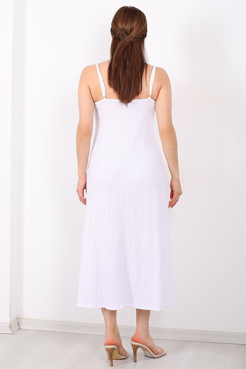 Askılı Bubble Kadın Beyaz Midi Elbise - 5