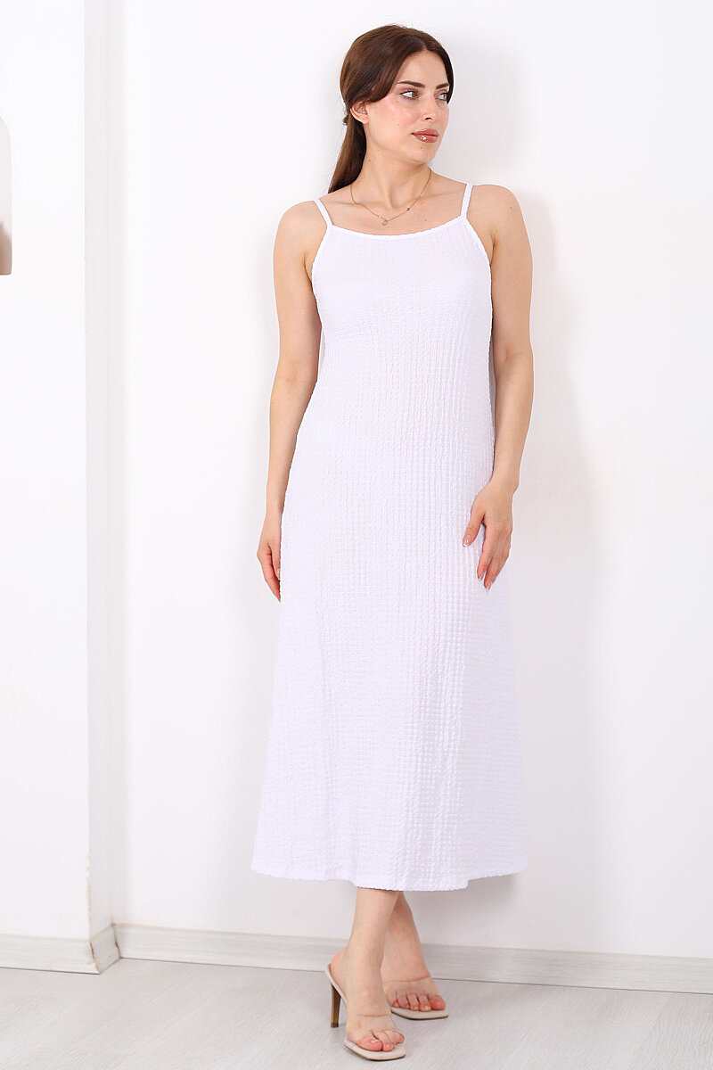 Askılı Bubble Kadın Beyaz Midi Elbise - 1