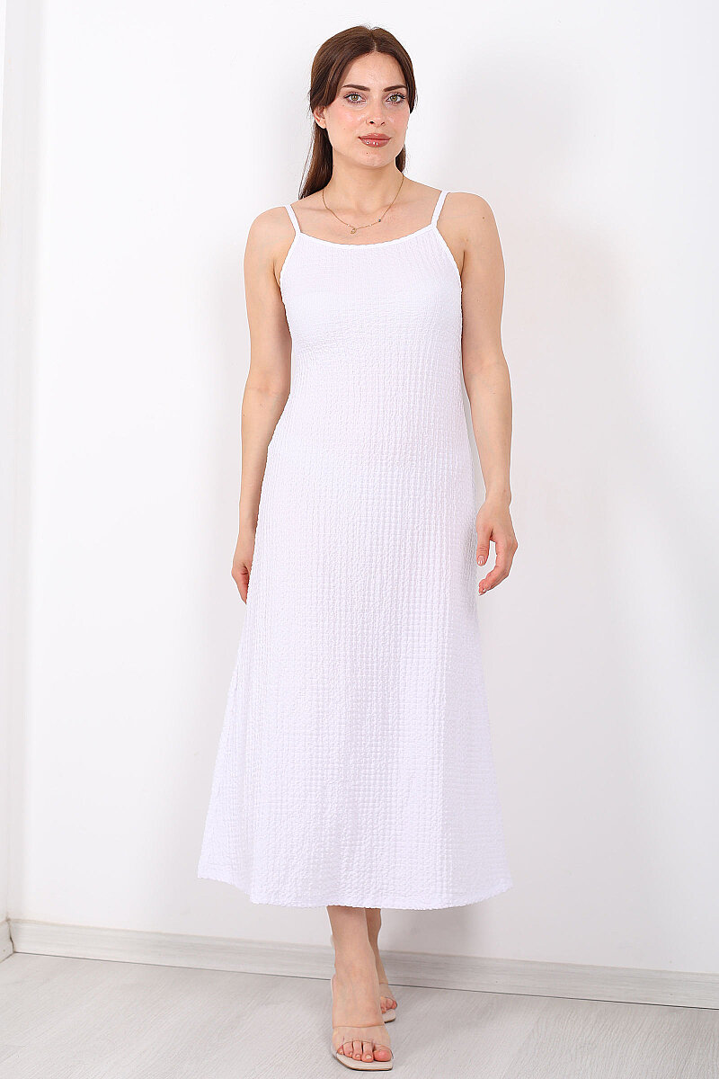 Askılı Bubble Kadın Beyaz Midi Elbise - 4