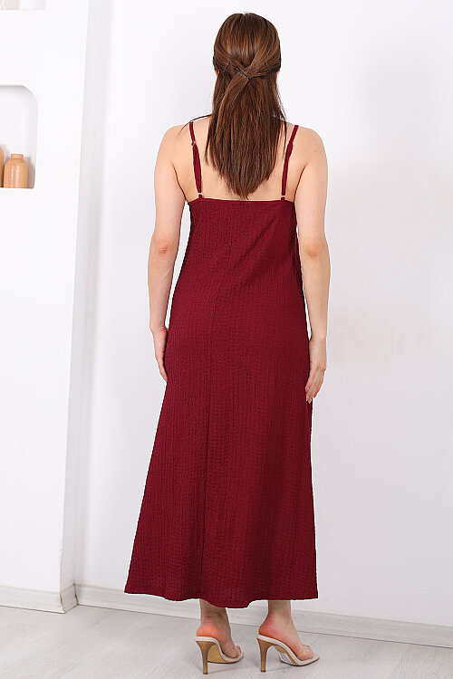 Askılı Bubble Kadın Bordo Midi Elbise - 6