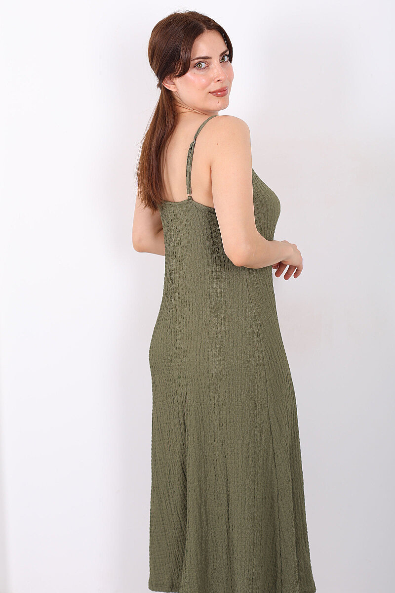 Askılı Bubble Kadın Haki Midi Elbise - 5