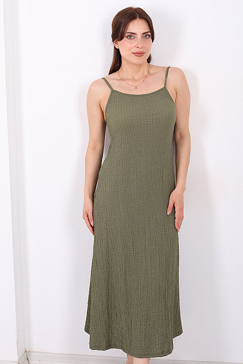 Askılı Bubble Kadın Haki Midi Elbise - 6