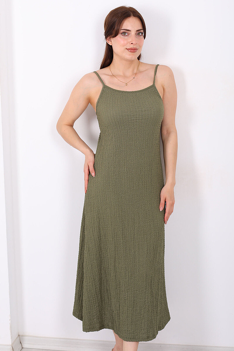 Askılı Bubble Kadın Haki Midi Elbise - 4