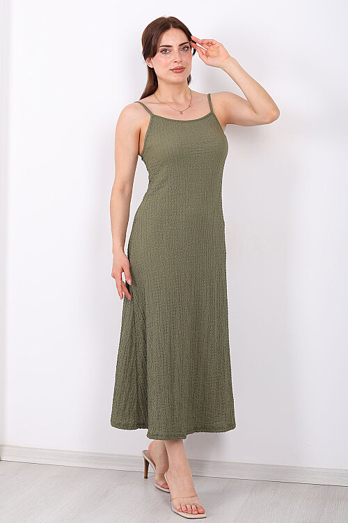 Askılı Bubble Kadın Haki Midi Elbise - Berox