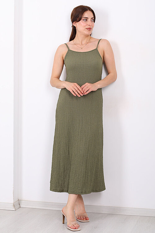 Askılı Bubble Kadın Haki Midi Elbise - 3