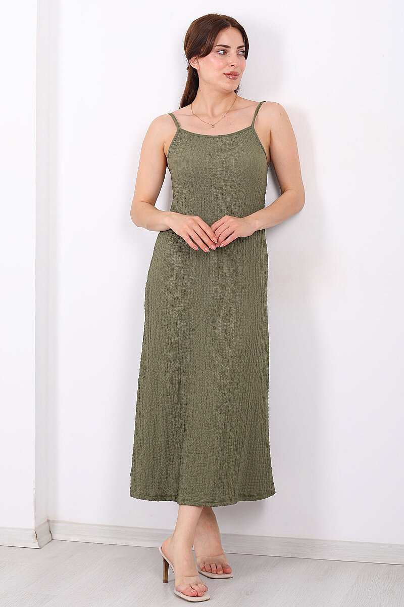 Askılı Bubble Kadın Haki Midi Elbise - 3