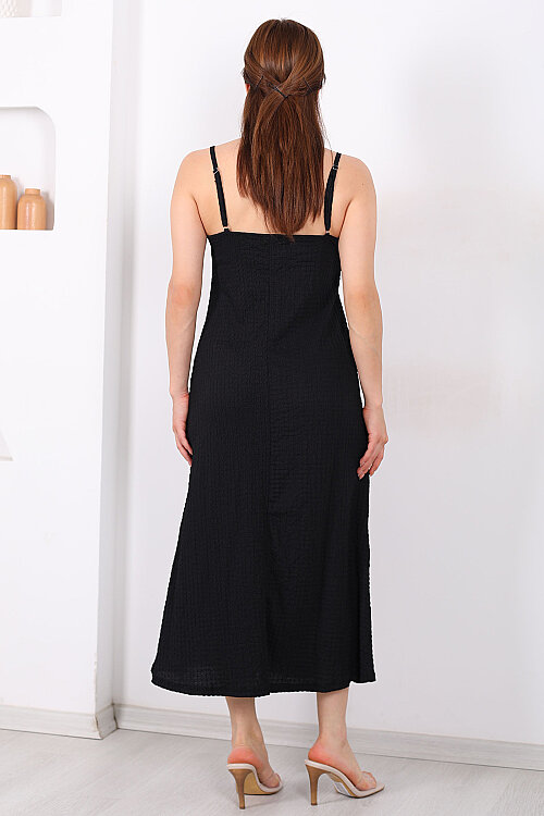 Askılı Bubble Kadın Siyah Midi Elbise - 5